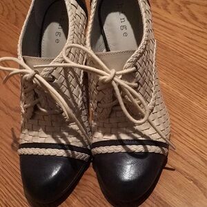 Black/ivory woven leather granny bootie